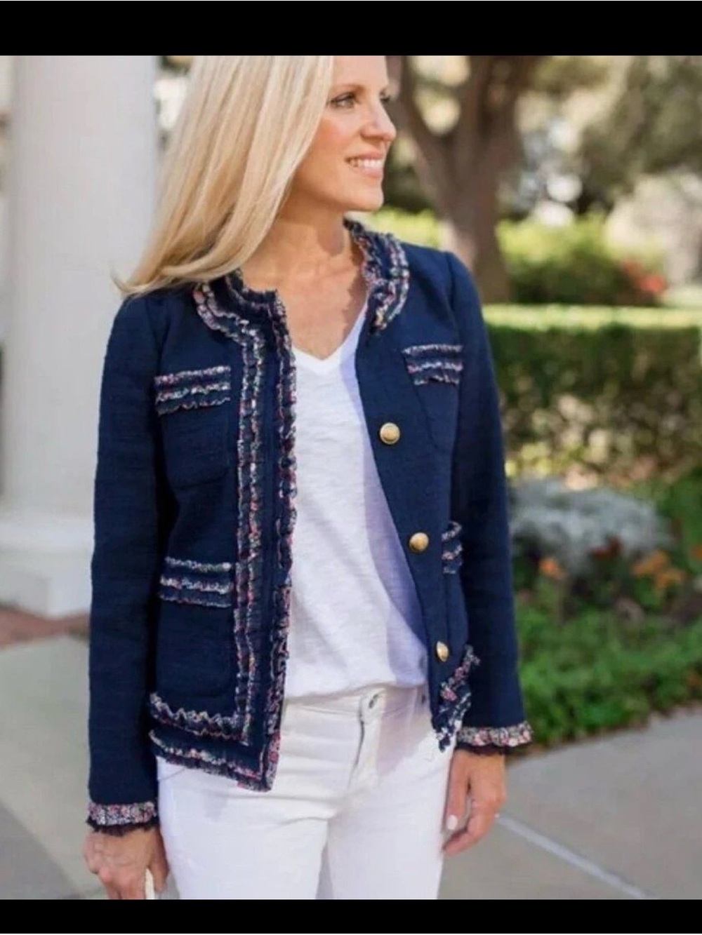 J Crew Navy Tweed Jacket with Floral Trim - Picture 2 of 12